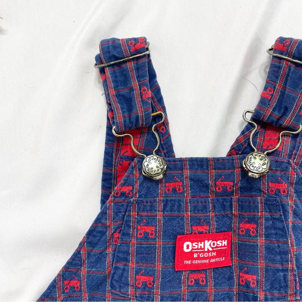 Vintage OshKosh B’Gosh Blue and Red Plaid Little Red Wagon Overalls Jumpsuit 2T - Picture 3 of 7
